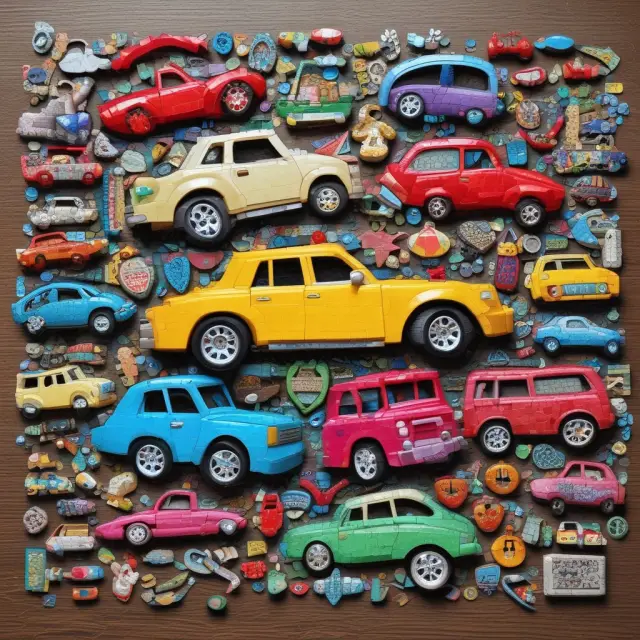 Personal property mosaic: A jigsaw puzzle showcasing car keys, a ring, a book, and a computer symbolizing personal items like cars, jewelry, intellectual properties, and intangible assets.
