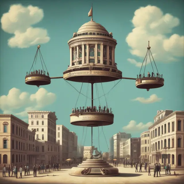 An image of a balanced scale representing the dichotomy between government-owned property (scale pan on the left) and private property (right).