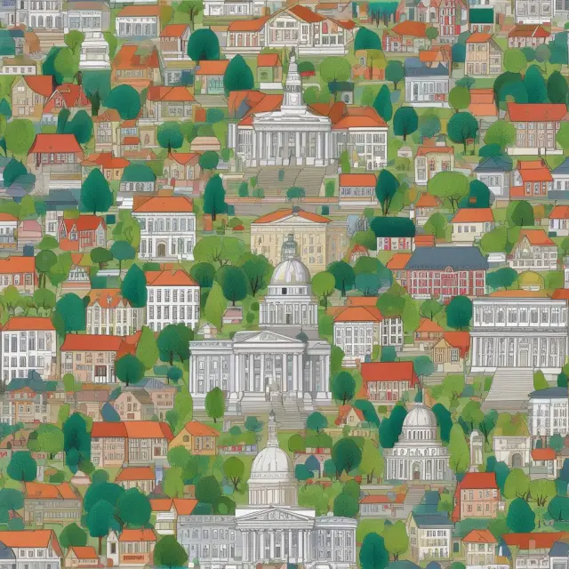 Mosaic of libraries, schools, parks, and museums, representing essential government-owned properties for the community