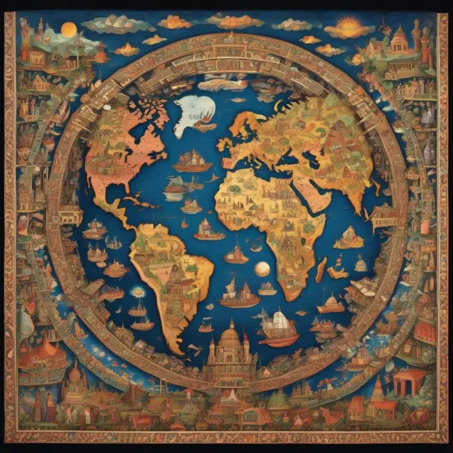 A metaphorical illustration of various property types: real estate (land), personal possessions, intellectual creations, communal lands, and government structures.