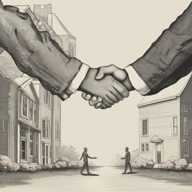 Two people shaking hands over a property deed in an open field