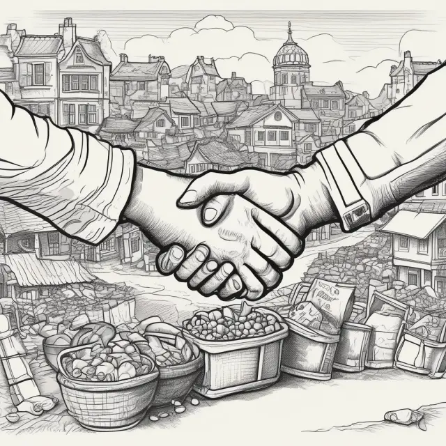 Two individuals engaging in a hand exchange, symbolizing the determination of market prices through private property transactions and the exclusivity of rivalrous resources