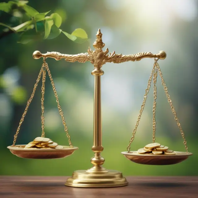 Golden property deeds on a balance scale represent strong property rights, leading to a thriving garden of investments