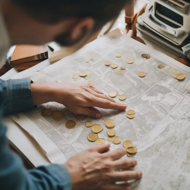 Homeowner examining tax assessment map while gold coins flow from evaluated property, representing potential savings from property tax deductions