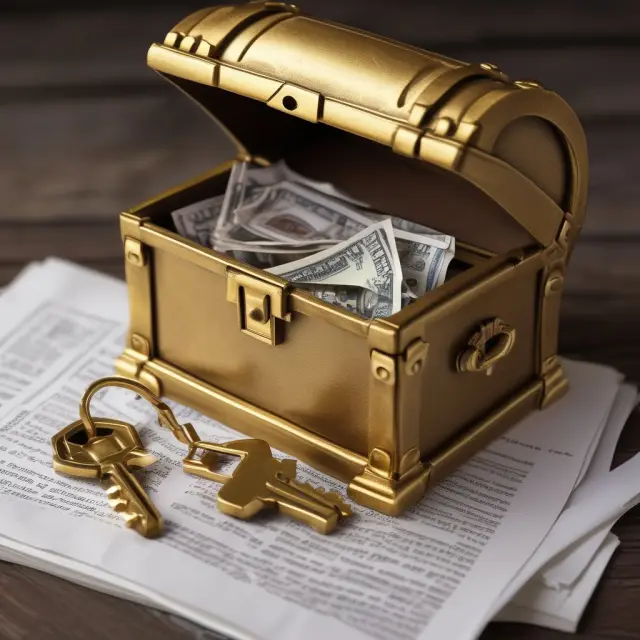 Golden key unlocks treasure chest containing mortgage docs, property tax receipts - symbolizing homeowners