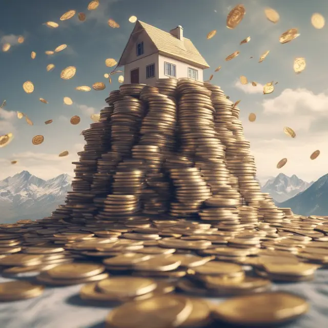 A homeowner climbing a mountain with property forms, surrounded by golden coins and deeds, representing the challenge of navigating property tax deduction myths.
