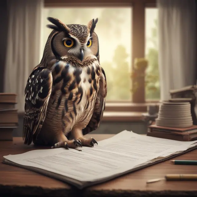 Wise owl examining property tax balance sheet, suggesting strategies for managing retiree expenses