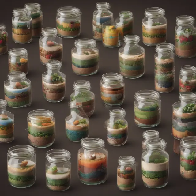 An array of jars filled with soil (land), houses (residential), offices (commercial), wheat stalks (agricultural), and machinery parts (personal property).