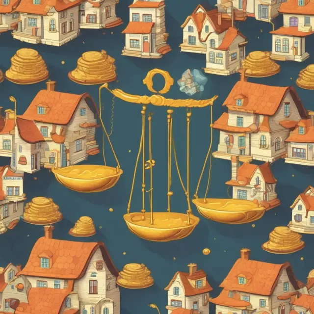 Golden houses and coins moving between two scales, symbolizing the influence of property tax rates on real estate investment.