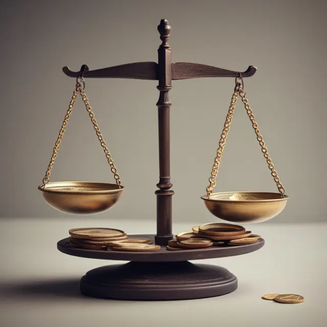Two taxpayers holding scales balanced by identical amounts of coins representing a flat tax system