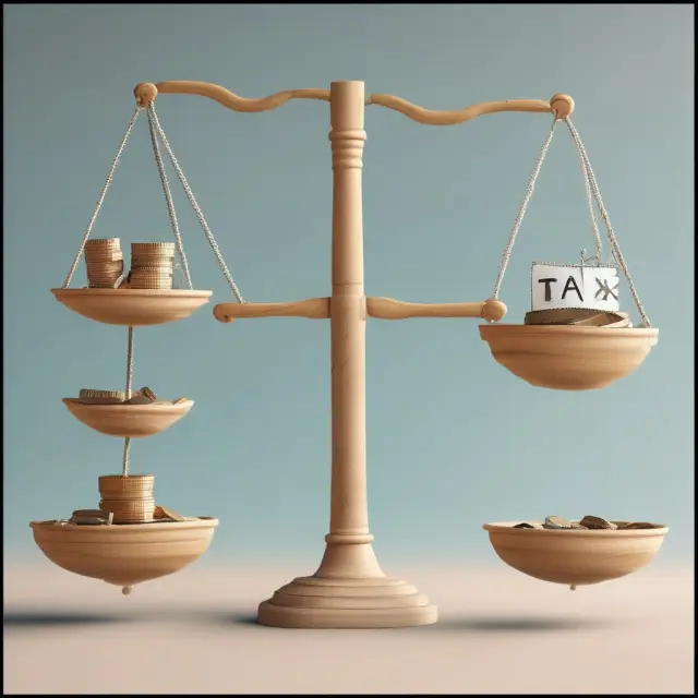 Two balanced scales represent Proportional and Progressive tax systems. A single coin symbolizes proportional tax, while uneven weights signify progressive tax.