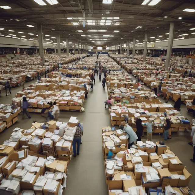 A bustling marketplace scene filled with people paying taxes. A shopper pays a sales clerk at a stall, another holds a poll tax receipt, and a third has their pay stub displaying FICA deductions.