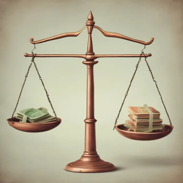 A scale represents wealth, with the other scale heavily weighted by a mountain of tax payments, signifying the financial burden on low-income earners in a flat tax system
