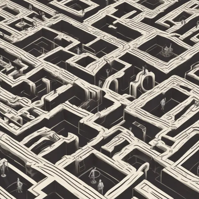 A bustling trading floor with powerful figures in suits balancing the scales of risk and reward while navigating a complex labyrinth of market information