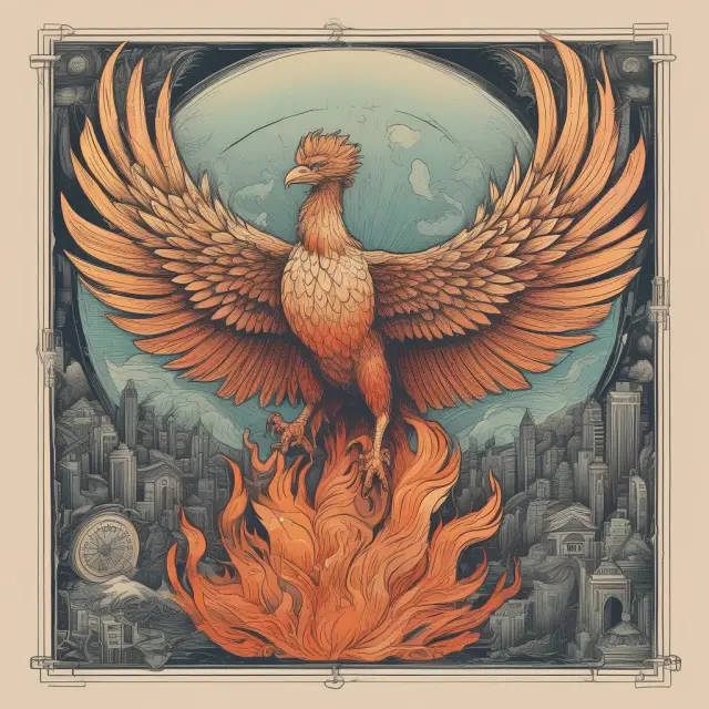 An image of a phoenix emerging from a chaotic yet vibrant financial market, represented by graphs and charts, symbolizing the role and impact of proprietary trading.