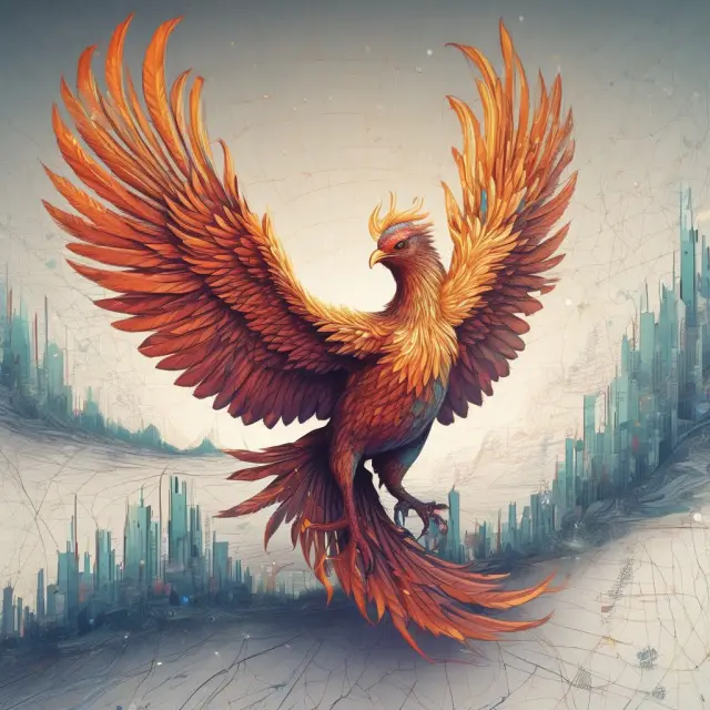 Image of a mythical phoenix emerging from financial charts and data, representing the adaptability and transformation of proprietary trading in the modern era.