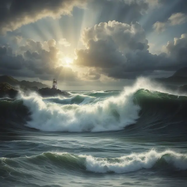 An investor standing on a rocky shore, wading through waves symbolizing proration, with binoculars scanning the horizon for potential mergers and acquisitions