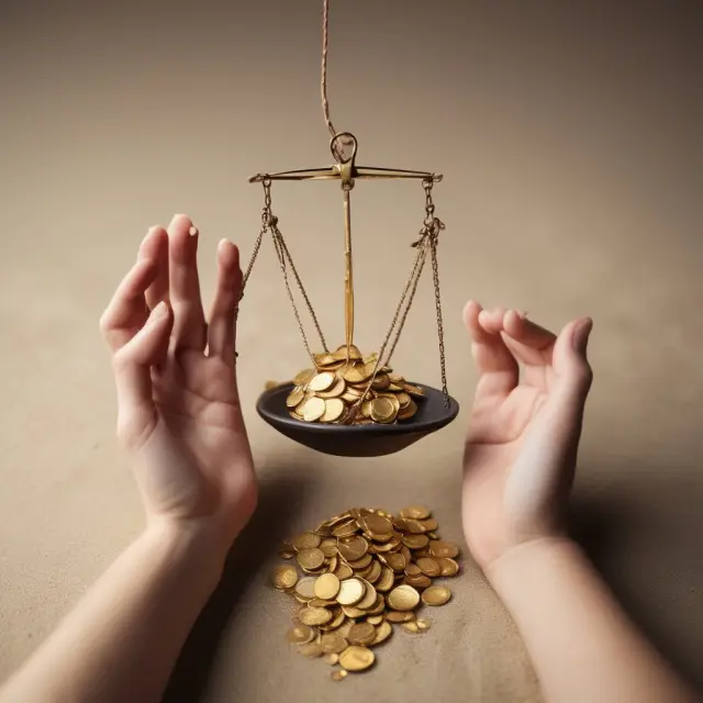 Scale: One hand holds gold coins (gains), while the other, sand (losses). Understanding emotional investment impact.