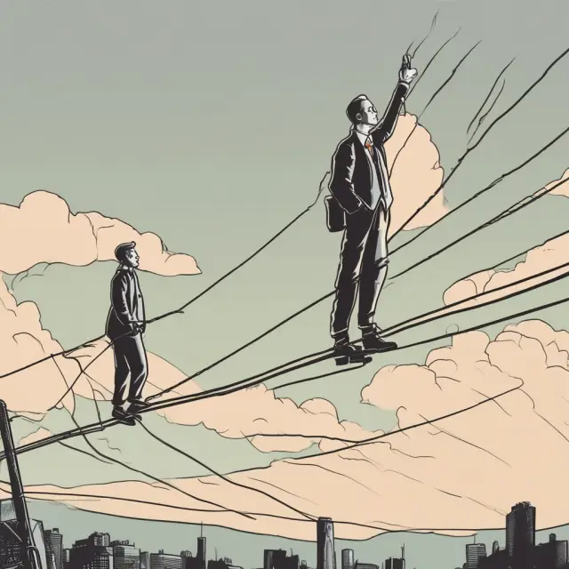 An institutional investor balancing between potential gains (represented as upward arrows) and losses (downward arrows), using prospect theory for informed decision-making on a metaphorical tightrope