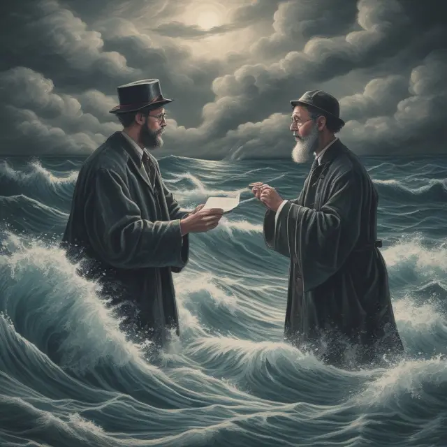 A thoughtful debate between two scholars amidst a tempestuous sea of derivatives and options, representing prospect theory
