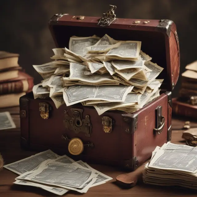Imagery of an ornate chest filled with stacked prospectuses, illustrating the importance of thorough research and informed decision-making in mutual fund investments.