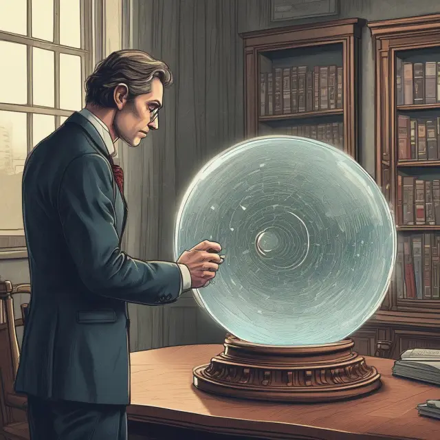 An investor studying important financial details from a prospectus, represented by a crystal ball filled with vital numbers