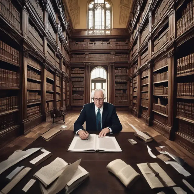 Institutional investor reading prospectuses at a large library table, enhancing investment decisions with knowledge