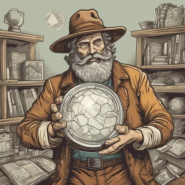 Prospector examines financial statements in a crystal ball, gaining insights for informed investment decisions