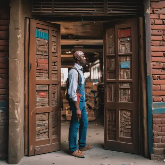 Two figures: one holds a protective shield symbolizing domestic industry, while the other opens a door representing international trade