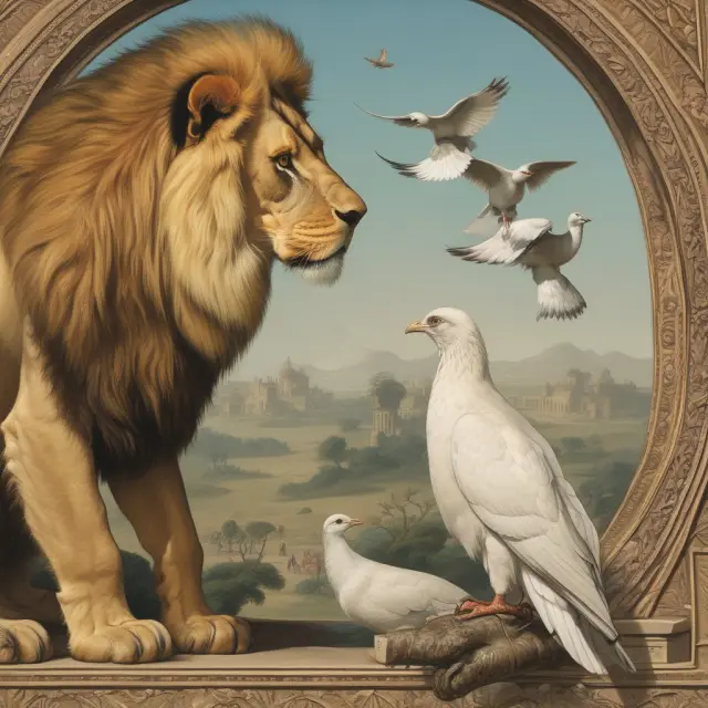 A balance of protectionist lions and globalizing doves, symbolizing the ongoing debate on trade policies