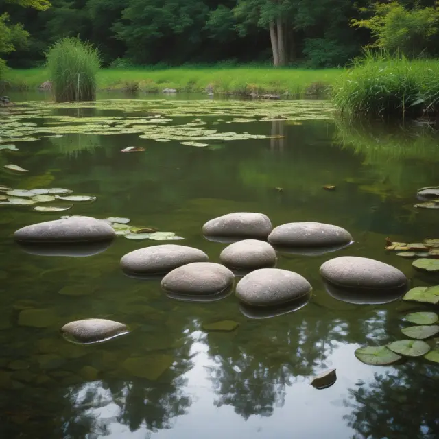 Three stones symbolizing At-The-Money, Out-of-The-Money, and In-The-Money protective puts floating on a tranquil pond, illustrating different levels of risk protection.