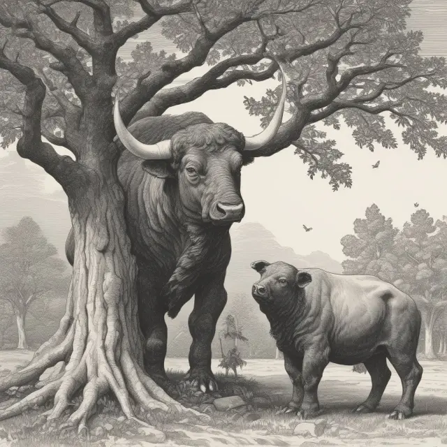 Two animals symbolizing bull (long position) and bear (protective put) guarding a growing tree representing the investment portfolio