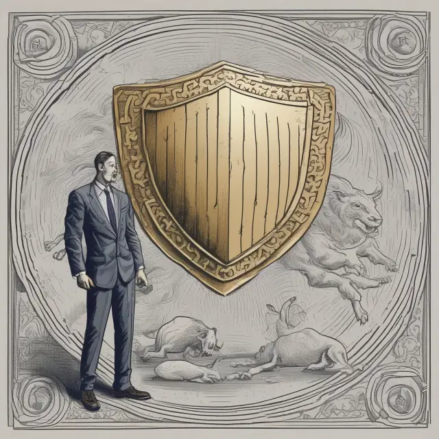 A shield with a bull emblem protecting a long-term stock investment from falling prices through a protective put strategy