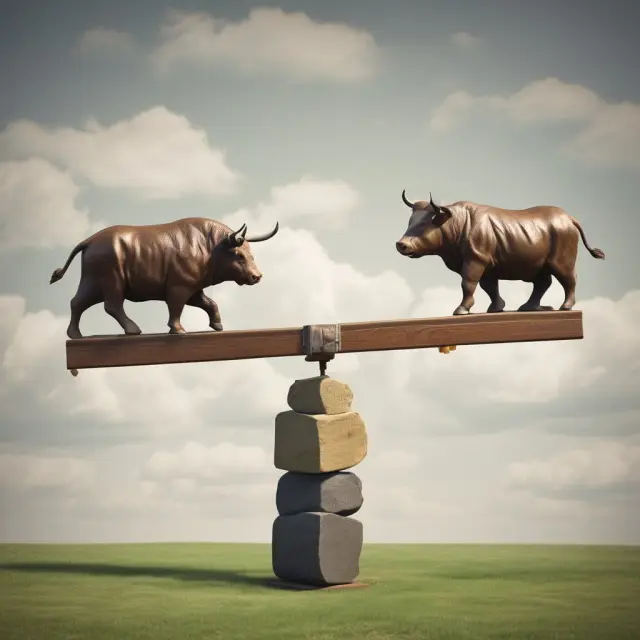 A metaphorical representation of managing institutional risk through protective puts, featuring a bull and bear on a seesaw with an options contract in the air