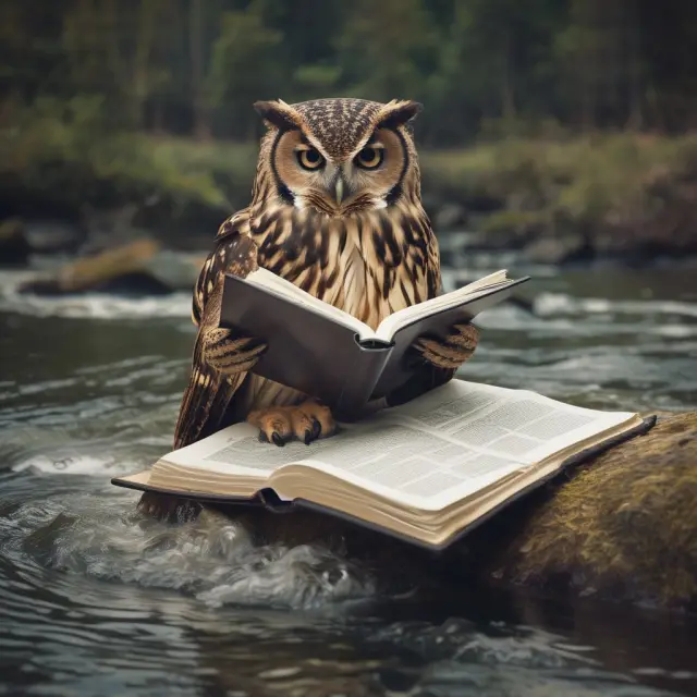 A wise owl reviews financial statements and considers the flow of credit loss provisions like a river, demonstrating investment analysis for effective credit risk management