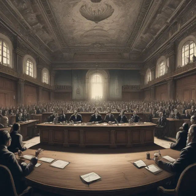Shareholders casting their votes on a grand table in an open annual meeting setting, representing proxy voting and corporate governance