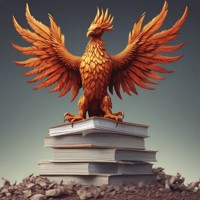 A majestic Phoenix emerging from a pile of corporate annual reports, illustrating the power of shareholder activism and proxy voting.