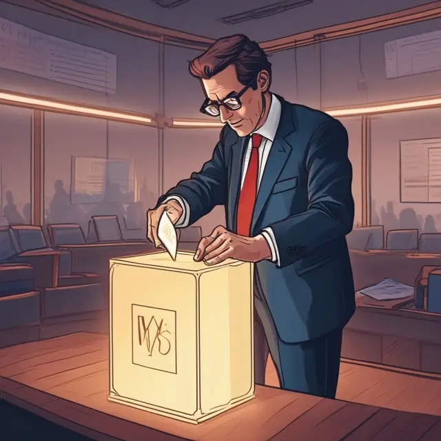 An institutional investor engaging in proxy voting, represented by a glowing ballot casting process