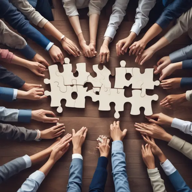 Shareholders assembling a jigsaw puzzle made up of proxy statement pieces, symbolizing the process of gathering essential information for informed decisions