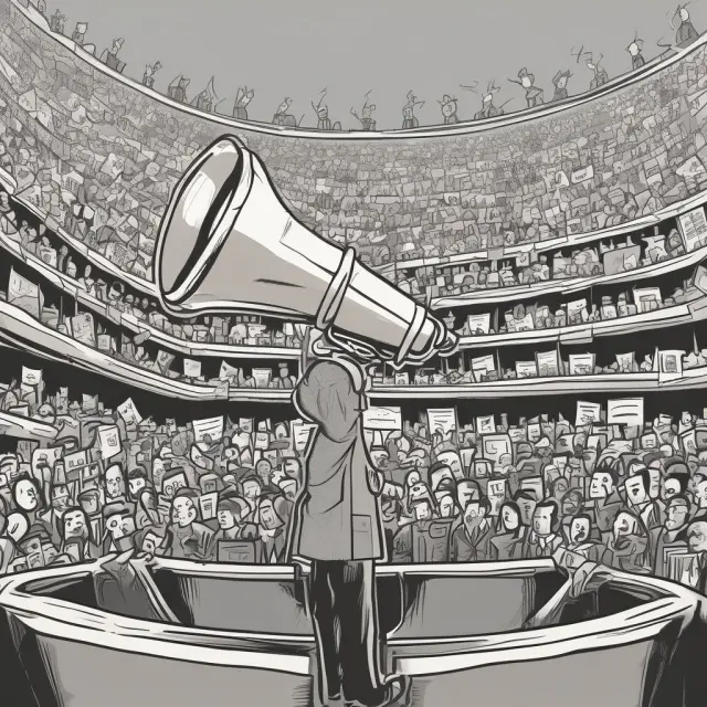 A shareholder holding a megaphone amidst a bustling global economy, symbolizing active participation in proxy management