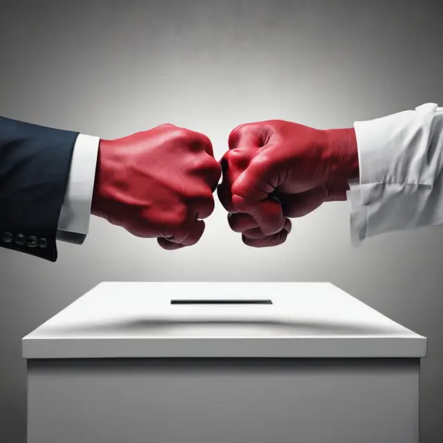 Visual representation of two hands clashing within a voting booth during a proxy fight.