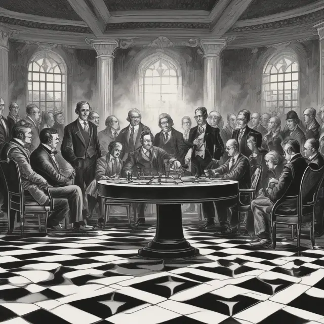 Two groups of investors strategizing on a chessboard representing a proxy fight. Board members and proposals depicted as chess pieces.