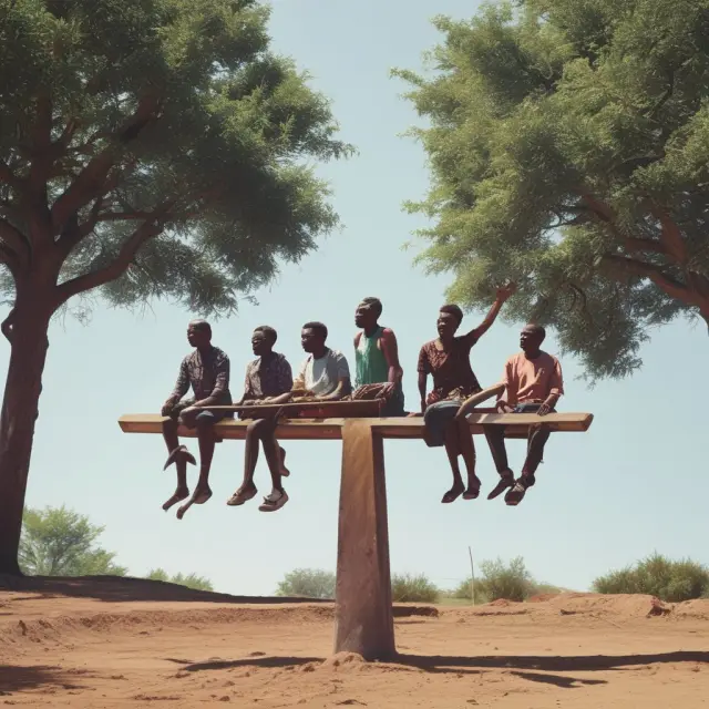 A seesaw with community members representing contributors on one side and free-riders on the other, demonstrating the importance of balancing investment in public goods.