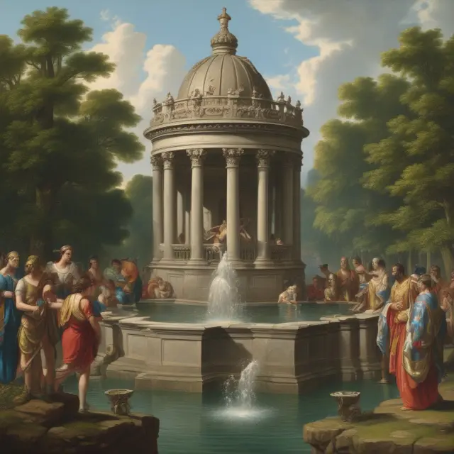 An open fountain symbolizing public goods and a locked treasure chest representing private goods
