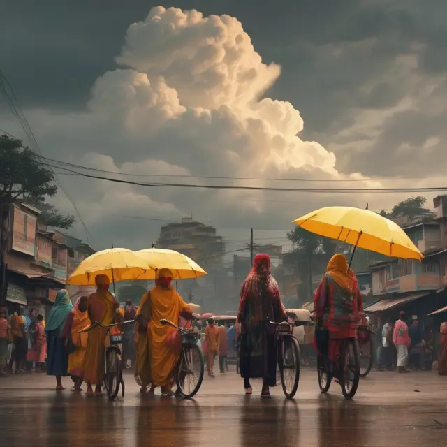 A government dispensing essential services as rain from a golden cloud, symbolizing equal access to public goods