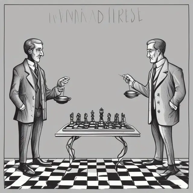 An economist representing government intervention holds a shield, while the other advocating for minimal intervention extends an open hand over a chessboard symbolizing public goods