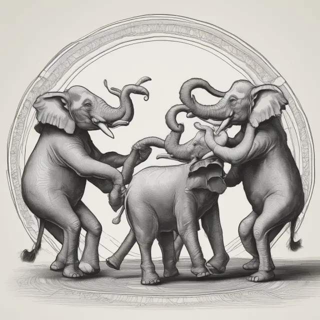 Four elephants represent BOT, BOO, Design-Build, and BBO partnerships, each exchanging ideas around a circular table