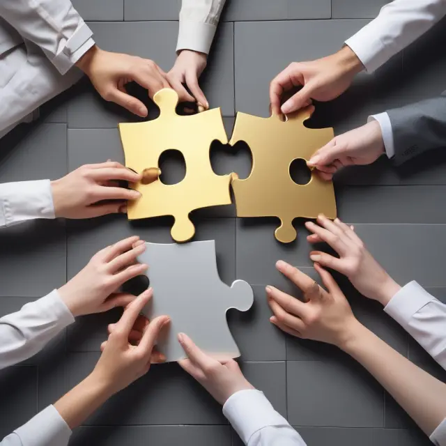 Government (golden hand) and private sector (silver hand) cooperating over a jigsaw puzzle of infrastructure, services, and facilities