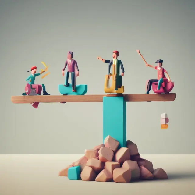A group of stakeholders on a seesaw, symbolizing the balance of potential gains and losses in take-private transactions