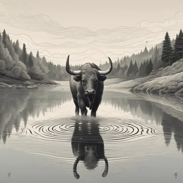 Bull creates ripples in a calm lake symbolizing temporary market pullbacks during an uptrend